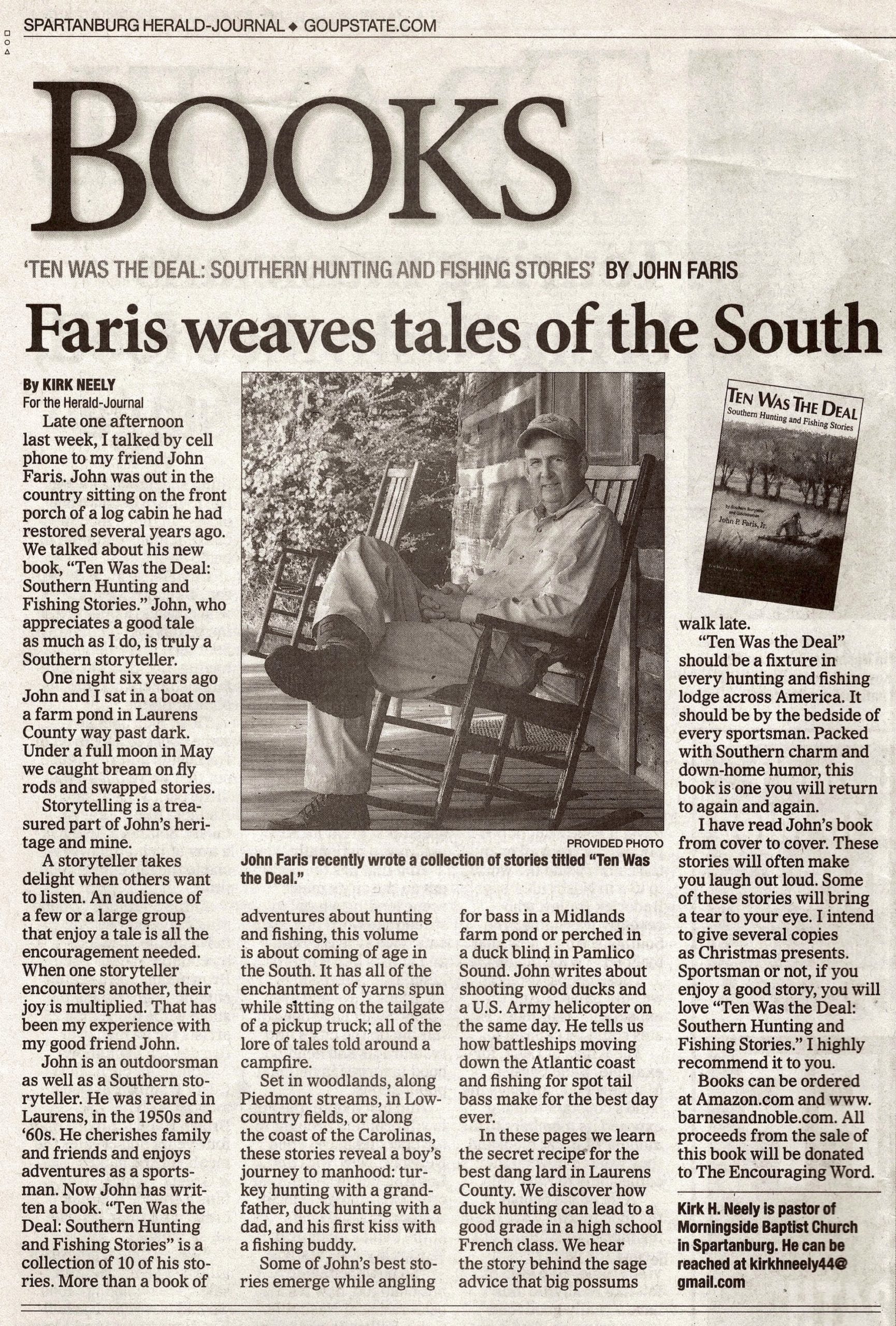 Newspaper article clipping of Southern Storyteller John P. Faris, Jr.